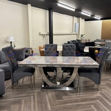 1.8m Arial Light Grey Marble Dining Table U Stand and 4 Seater Grey Slim Chairs