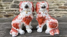 SUPERB PAIR MID 19thC STAFFORDSHIRE SEATED RUSSET RED & WHITE SPANIEL DOG c1850