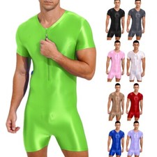 Men One-Piece Glossy Stretchy Jumpsuit Short Sleeve Zipper Bodybuilding Bodysuit