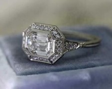 Art Deco Emerald Cut Moissanite & CZ Halo Engagement Bridal 925 Silver Gift Ring