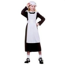 Girls Victorian Maid Fancy Dress Costume Black White Apron Mop Hat History