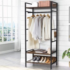 Industrial Open Wardrobe Clothes Rail Rack Bedroom Rustic Wood Metal Frame Shelf