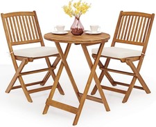 3 Piece Folding Patio Bistro Set, Acacia Wood Table and Chairs with Cushions