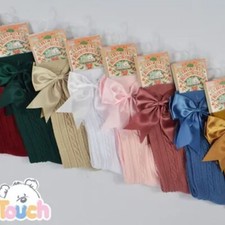 Girls Knee high socks bow Satin bow 0-24 month White Pink Lemon Cream