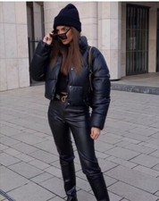 ZARA WOMAN NWT FW23 BLACK SHORT FAUX LEATHER PUFFER JACKET SIZES XS  3427/793