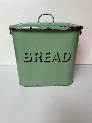 Vintage enamel green bread bin - green,