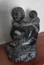 INUIT ESKIMO CANADIAN BLACK WOLF SCULPTURE SOAP STONE WOMAN BABY & DOG