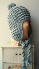 Hand knitted Winter bobble hat ear flaps L women's men's unisex outdoor cap teal