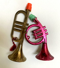 2 Vintage 1950s Selcol - Plastic Trumpet & Horn - Christmas Tree Ornaments