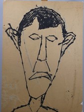 Vintage Early 20th C Outsider Art Portrait Painting on Paper. Unknown Artist.