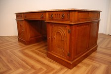 Large Old Charm Antique Style Solid Oak Twin Pedestal Partners Writing Desk