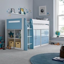 Wooden Mid Sleeper Storage Blue Bed – Kids Cabin Bed with Drawers & Shelves