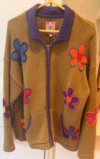 UNIF Flower Cardigan Chunky knit  Khaki green with colorful Flowers