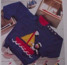 KNITTING PATTERN BABY/CHILDRENS JUMPER WITH A BOAT AND TOY SAILOR SIZES 20"- 26"