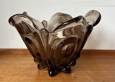 Vintage Smoky Quartz Glass Butterfly Flower Bowl - 15 cm
