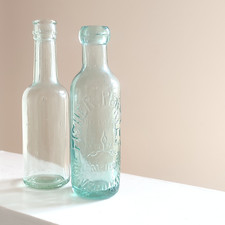 Set 2 Antique Glass Bottles Embossed Fisher Perry Wolverhampton Ltd & Plain eg.
