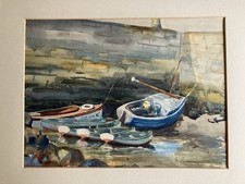 Vintage Original Watercolour Painting Coastal Harbour Scene Boats Water Signed