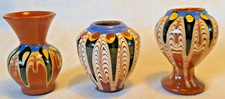 3 x Different Shaped Vintage Miniature Small Bulgarian Troyan Redware Vases Pots
