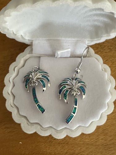 Palm tree blue opal dangle - tree,