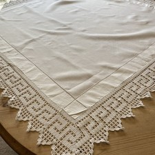 Vintage White Cotton Tablecloth Handmade Filet Crochet To Edges