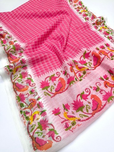 Designer pink chex jamdani - pink,