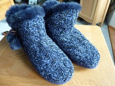 FATFACE Melody FAT FACE KNITTED COSY FUR LINED POM POM BOOTIE SLIPPER L Navy NEW
