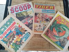 Vintage boys TIGER, ACTION & SCOOP x 2 & Comics - 1973, 77, 77 & 81.
