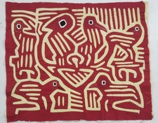 Vintage Hand-Stitched Red & White Avian Mola Art Textile 47x38cm