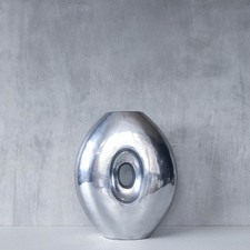 Vintage large sculptural modernist hand cast aluminium oval donut vase 32cm