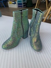 Ladies Shoes Emerald Green Glitter Bling Block Heels Zip Up Ankle Boots UK 3