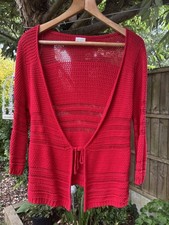 Minuet Petite Small Red Cardigan Open Knit Long Sleeves Tied Front Stretchy