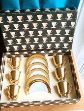 Art Deco Demitasse Coffee Set 6 RGK Czechoslovakia Gold Porcelain Cups & Saucers