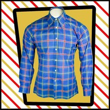 Vintage FASHION SPORT 1970's  L/S Checked SHIRT Blue  Size C15.5/Medium    650 B
