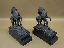 Pair Of Antique Speleter Marley Horses And Figures On Black Slate Base C1870