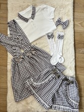 Handmade Grey School Gingham Outfit Shorts Skirt Polo Shirt Hair Clip Age 7-8