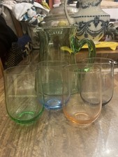Green Glass Pitcher Jug & 4