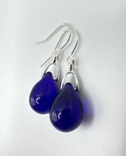 Dark Cobalt Blue Czech Glass Teardrop Earrings - Small colourful and lightweight