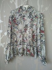 Zara Flower Print Top UK L Peplum Hem Floral Top Button Back High Neck