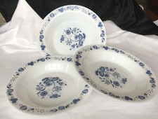 Rimmed soup bowls x 3, Arcopal French glass, Blue Onion, 8.5" diameter, 1970s