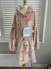 F&F Size 12-14-16-18-20 OVERSIZE Fleece Dressing Gown Robe Hoodie Pink Beige Dog