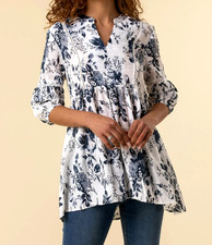'ROMAN' BOHO SMOCK  3/4 LENGTH BLUE FLORAL TUNIC TOP - SIZE 12 - NEW W/OUT TAGS