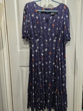 Hell Bunny Asta Maxi Dress Xl 16 Blue Floral Scoop Neck  Short Sleeve