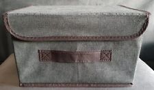 Small Lidded Foldable Grey Fabric Storage Box With Brown Handle & Trim