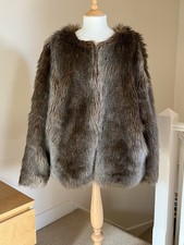 Faux Fur Jacket Coat UK 18 Fun Shaggy Brown pockets Lined Party Evening Fake Fur