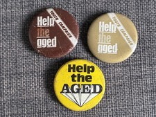 3 x Vintage 1970s Help The Aged Pin Button Badges Youth Campaign. Brown Yellow.