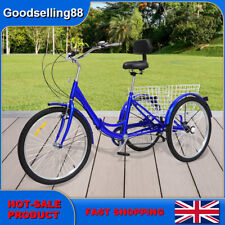 24 Inch Adult Trike Tricycle Foldable 3 Wheel Bike 7-Speed With Basket Blue UK