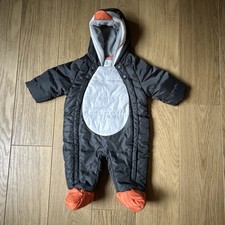 M&S Baby Babies Grey PENGUIN Hooded All-in-One SNOWSUIT Pramsuit 0-3 mths  