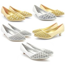 WOMEN'S LADIES LOW KITTEN HEELS COURT SHOES POINTY TOE WEDDING DIAMANTE PARTY UK