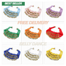 3 ROWS Belly dance costume belt skirt hip wrap outfit gold coin bead scarf