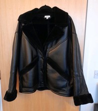 TOPSHOP WOMENS BLACK FAUX LEATHER FAUX FUR AVIATOR STYLE COAT JACKET SIZE 16